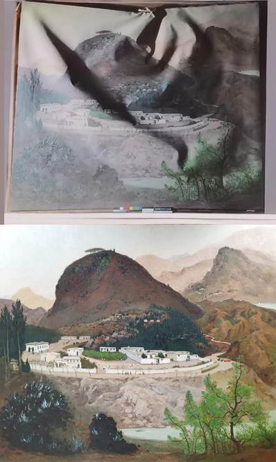 说明: 油画修复前后对比 说明: 油画修复前后对比